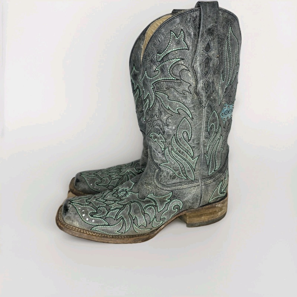 Corral Women 9 Back Cross Crystals Snip Toe Western Cowboy Boots Turquoise  Gray